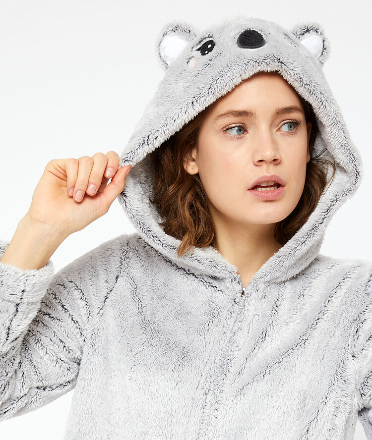 Déshabillé koala en fausse fourrure gris.
