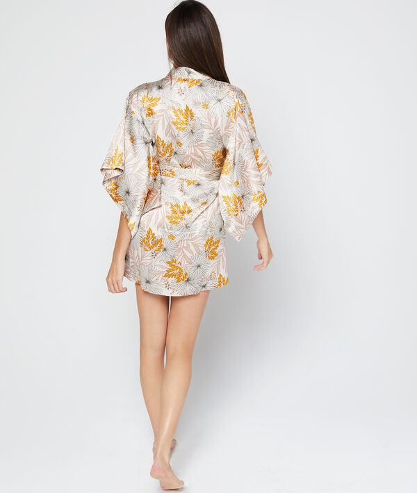 Kimono déshabillé satin imprimé ecru.