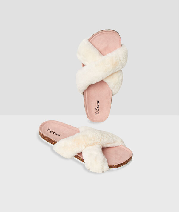 Chaussons ouverts fausse fourrure ecru.