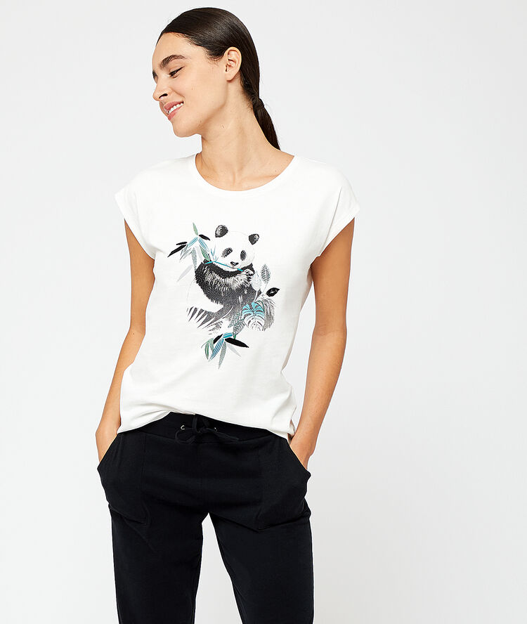 Top imprimé panda en coton ecru.
