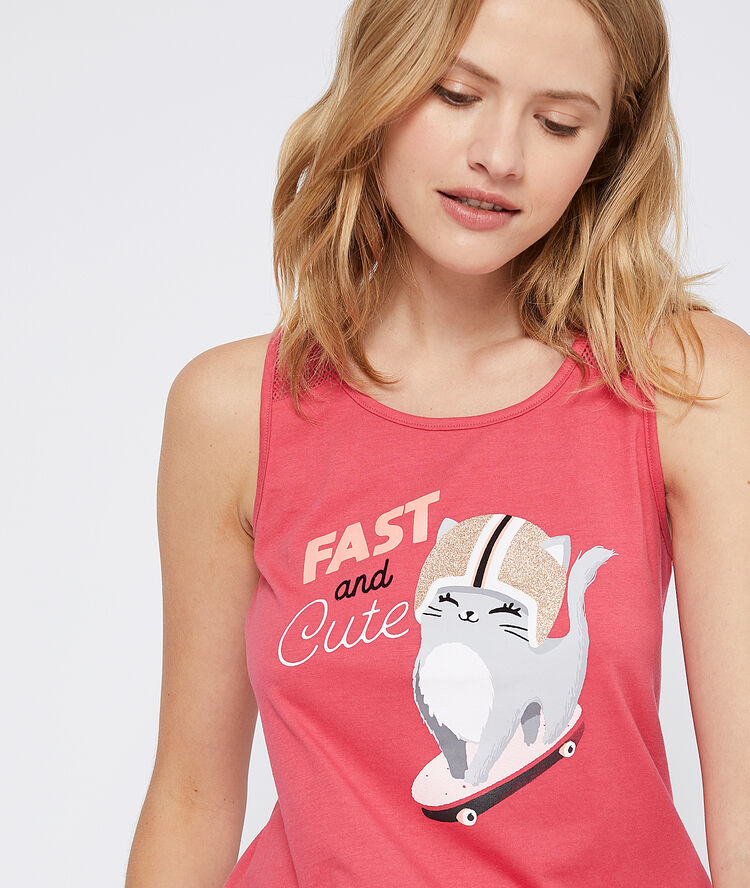 Top imprimé chat "fast and cute" rose.