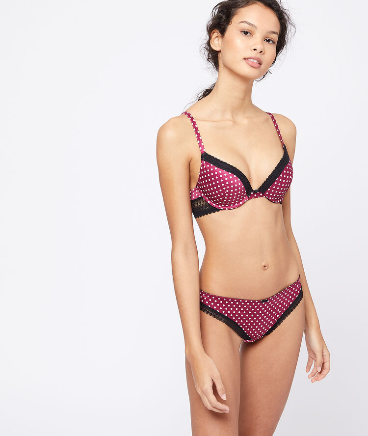 Tanga satiné à pois violet.
