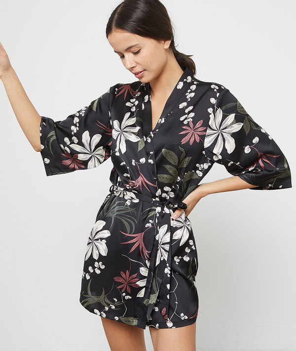 Kimono satiné imprimé fleuri Kimono satiné imprimé fleuri