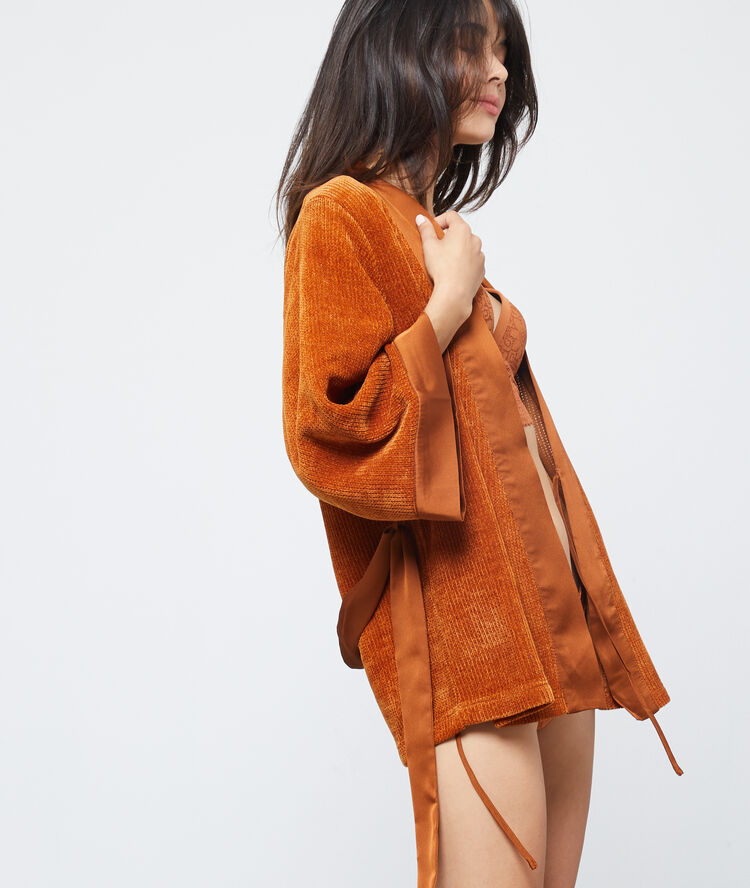 Kimono court maille chenille ocre.