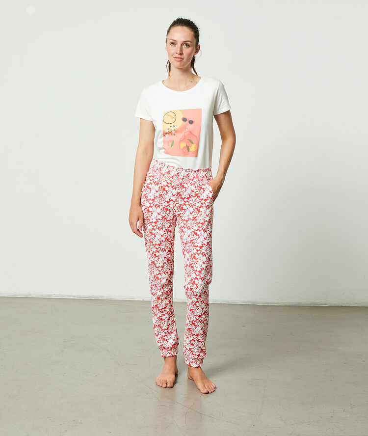 Pantalon imprimé floral corail.
