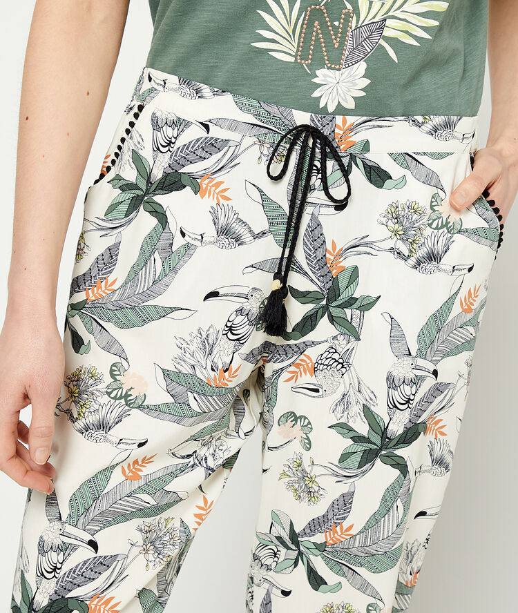 Pantalon imprimé feuillage à nouer ecru.