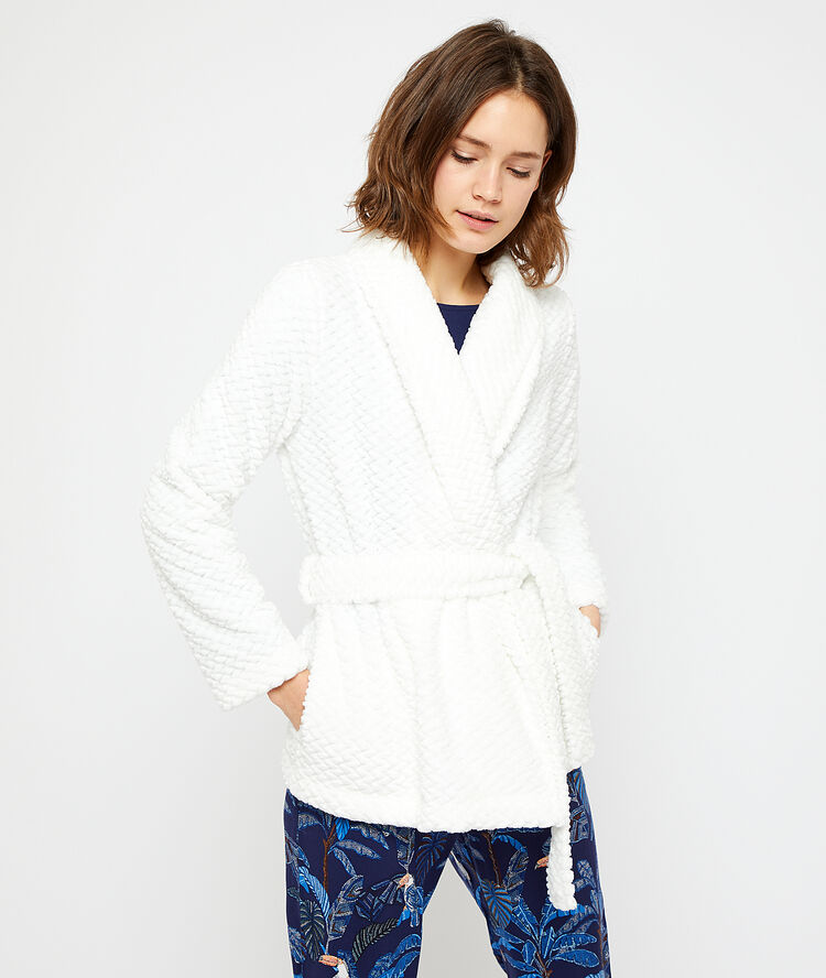 Veste homewear en fausse fourrure ecru.