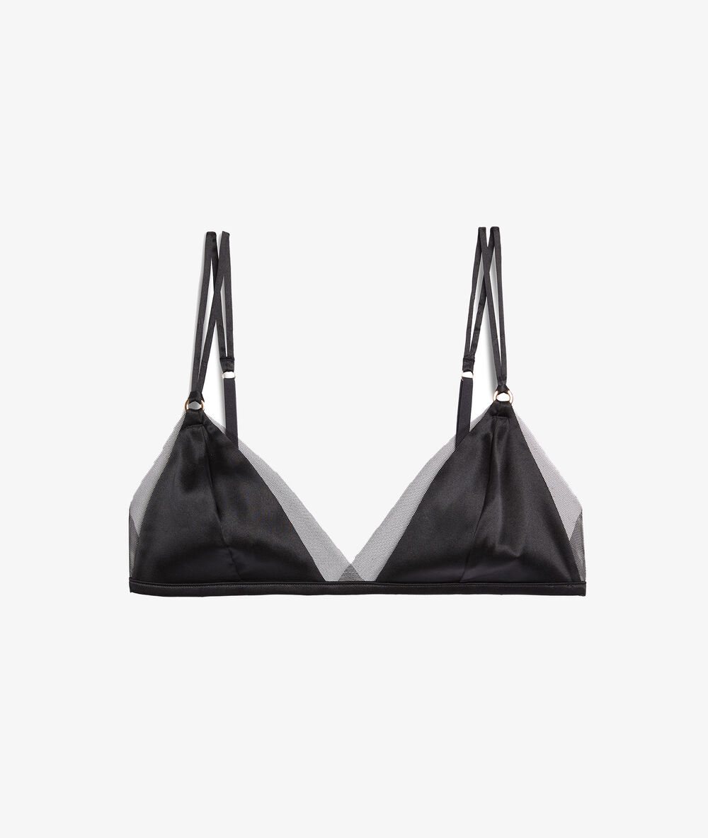 Triangle sans armatures en soie détails tulle noir.