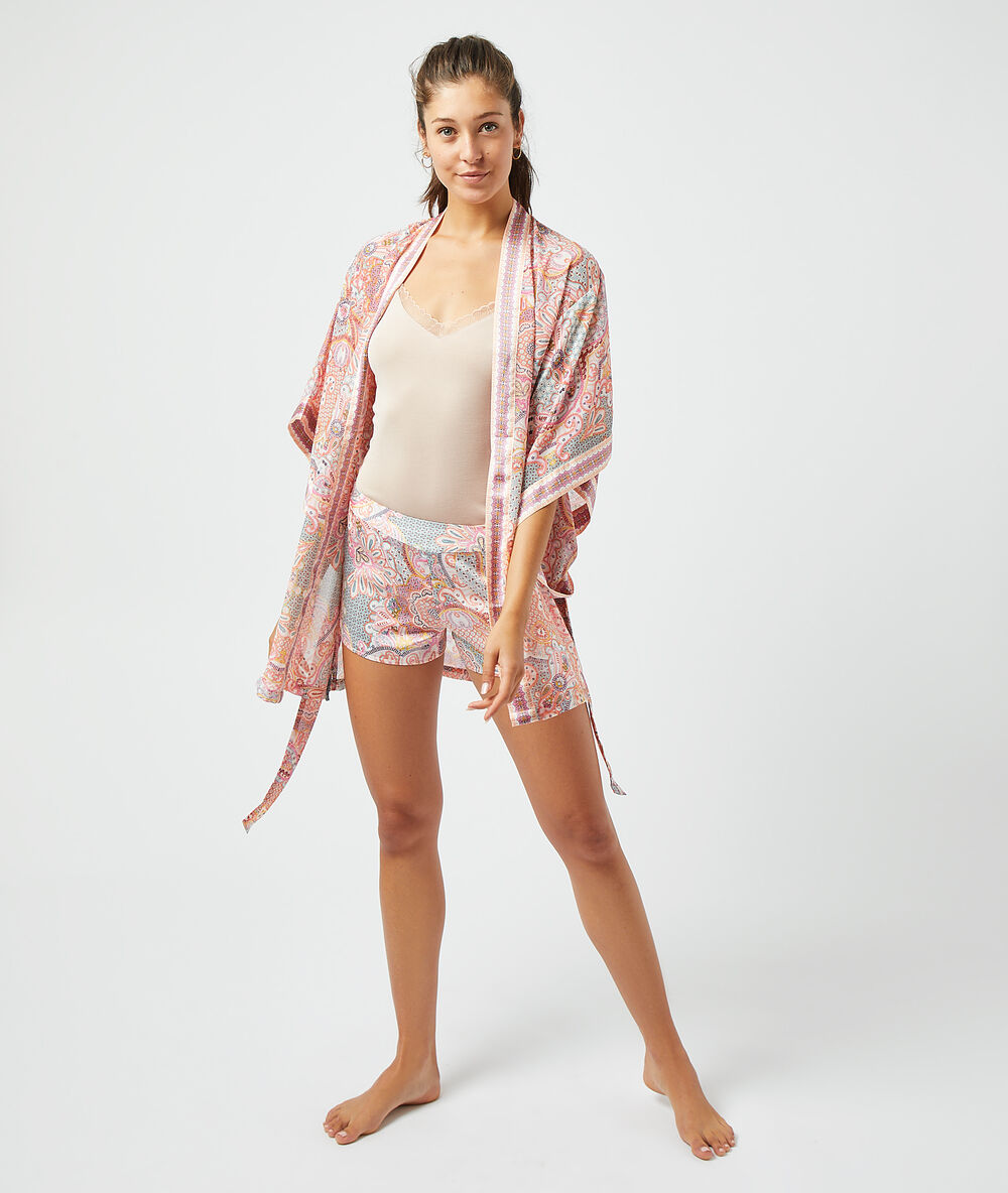 Kimono satiné imprimé multicolore.