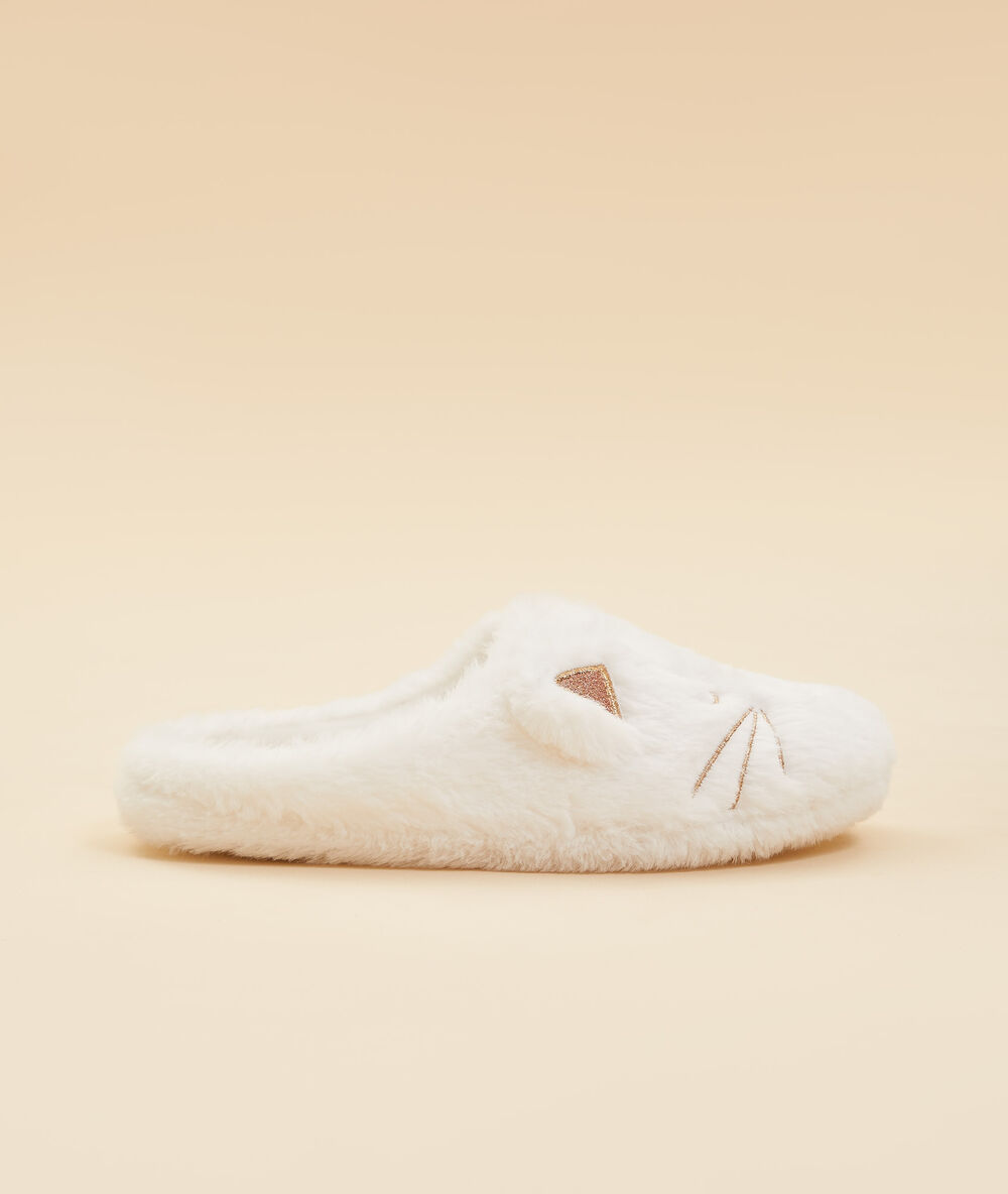 Chaussons mules chat ecru.