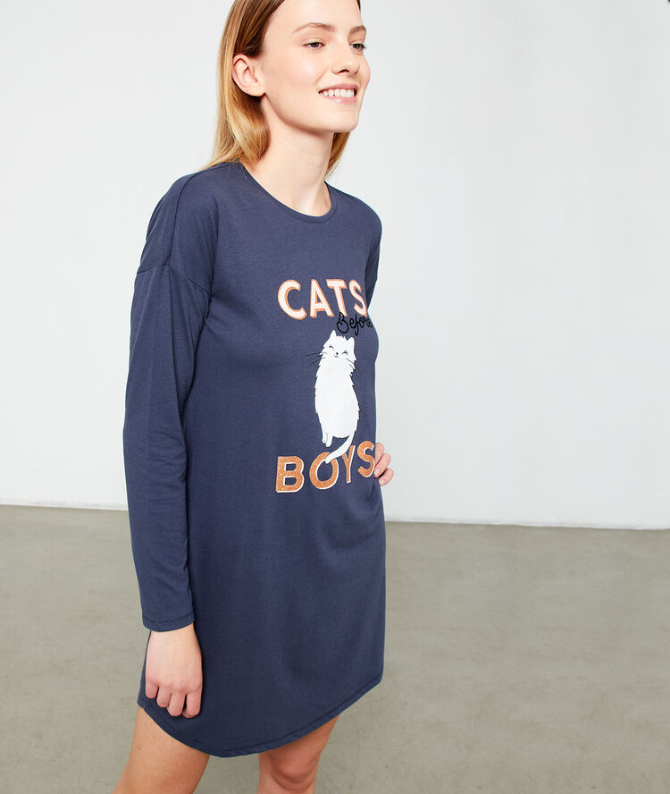 Nuisette imprimée "cats before boys" bleu.