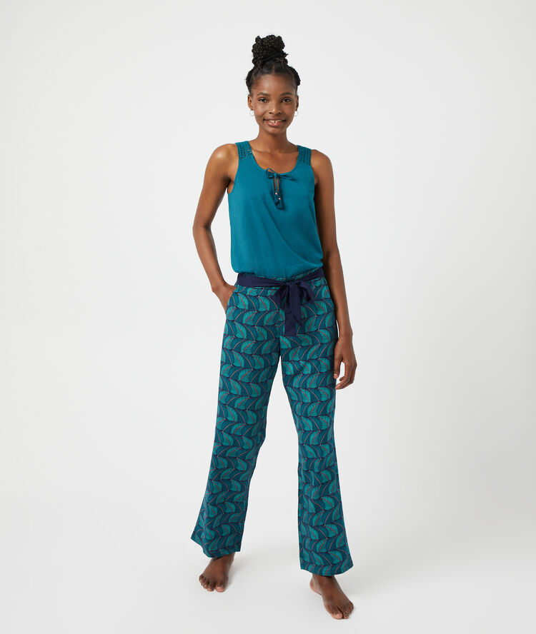 Pantalon imprimé, ceinture satinée bleu canard.