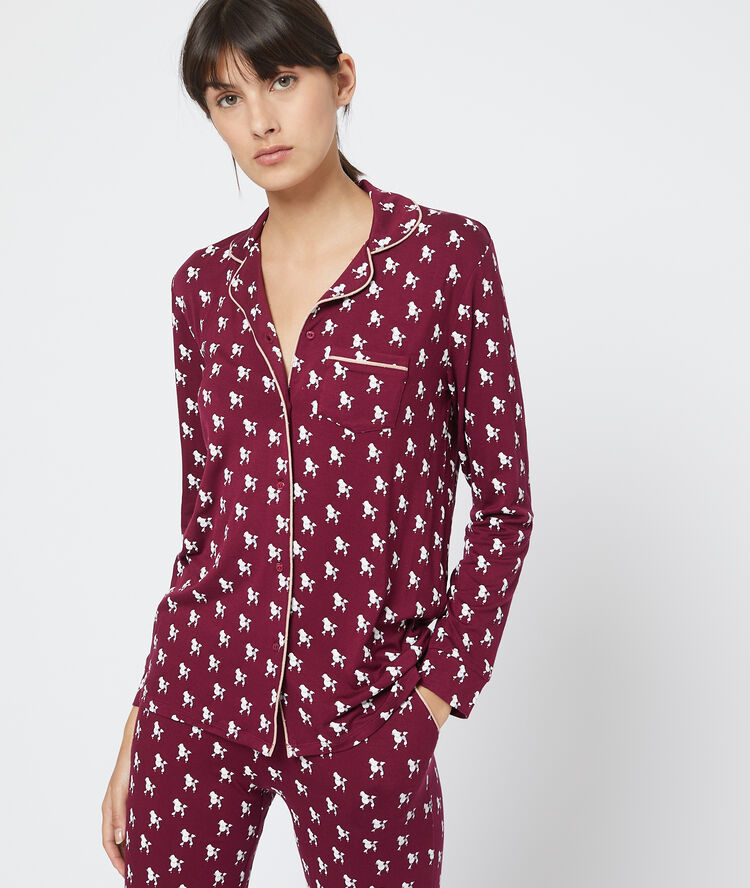 Chemise pyjama d'homme imprimé caniche bordeaux.