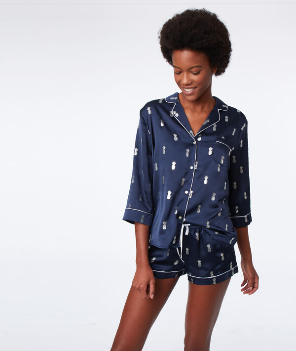 Chemise de pyjama ananas argenté marine.