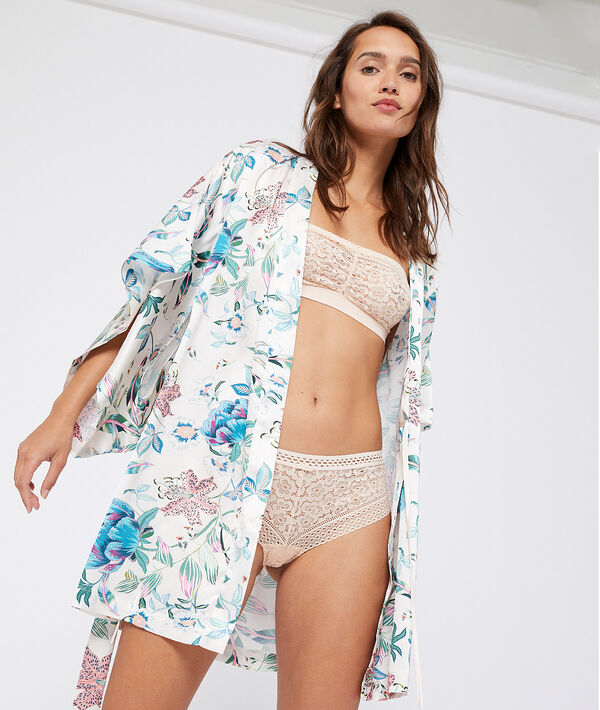 Kimono satiné imprimé fleuri ecru.