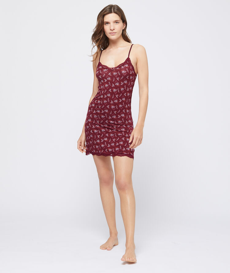 Nuisette imprimée fleuri décolleté dntelle bordeaux.