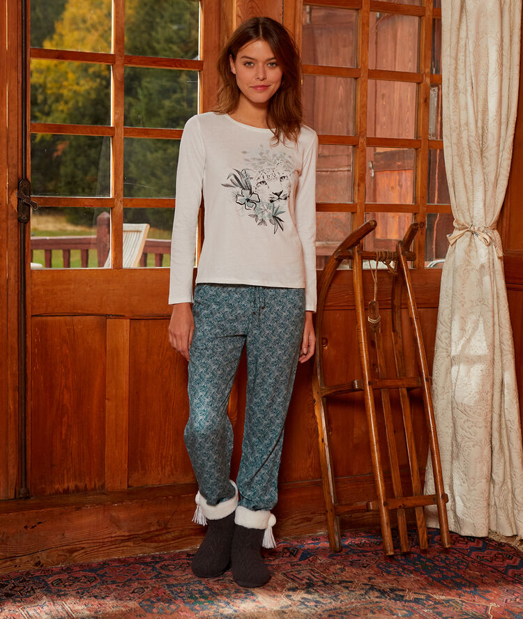T-shirt imprimé panthère en coton ecru.