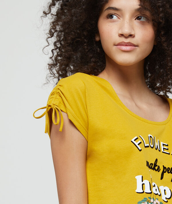T-shirt "flowers make people happy" en coton bio jaune.
