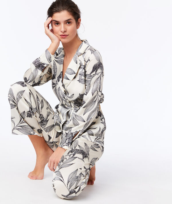 Pantalon large imprimé floral ecru.