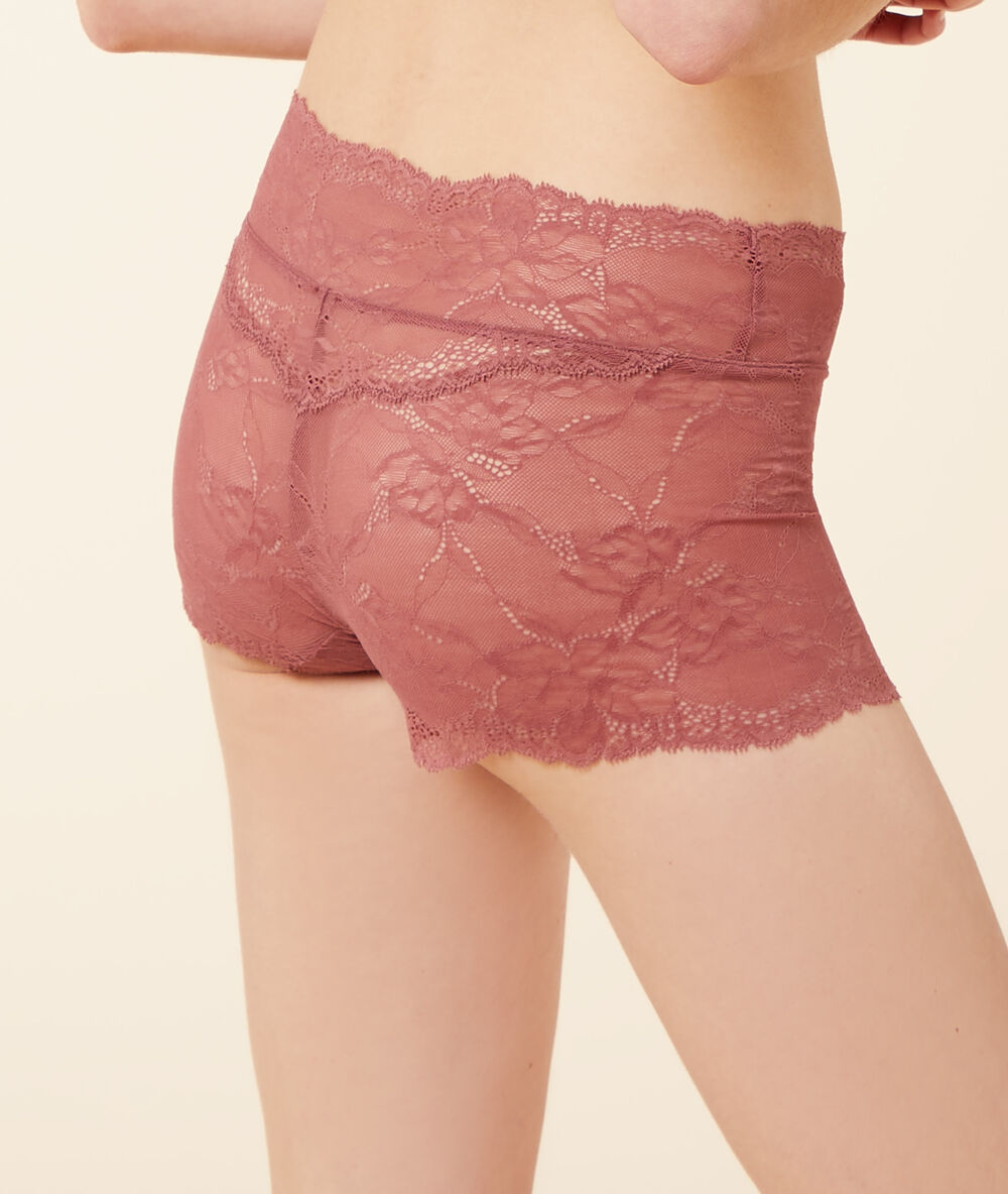 Shorty boy leg en dentelle extensible et éco-responsable terracotta.