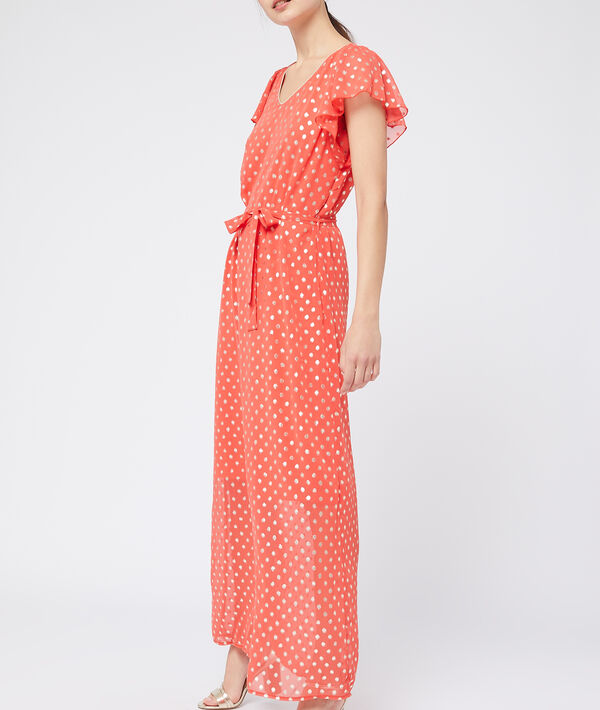 Robe à pois métallisés rouge.
