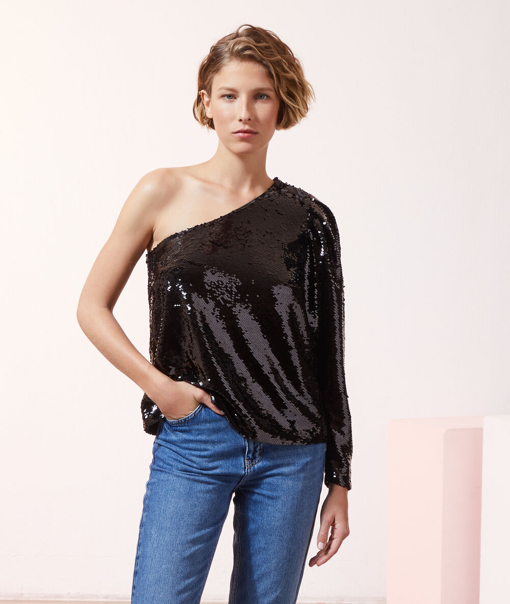 Top asymétrique à sequins noir.