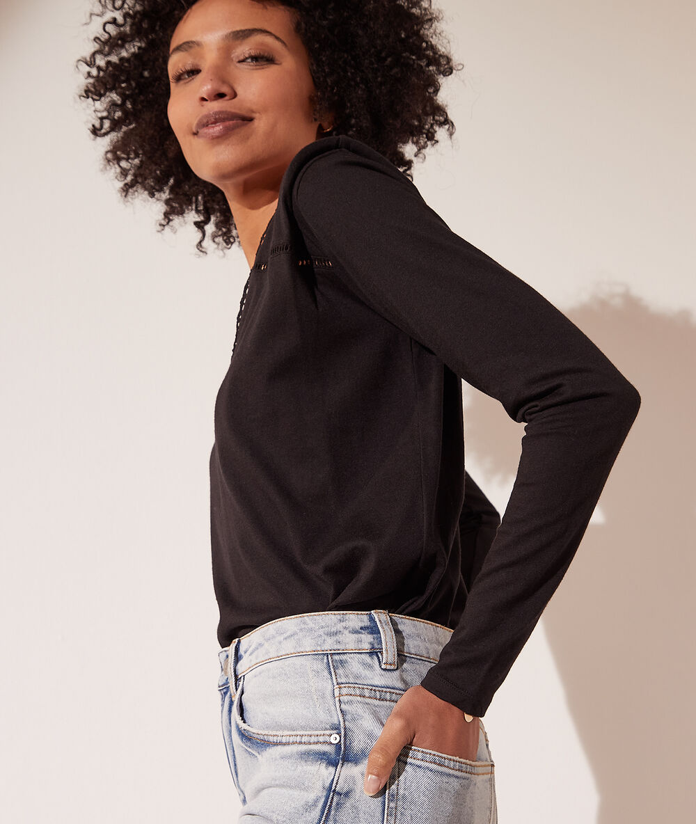 Top manches longues détails en dentelle noir.