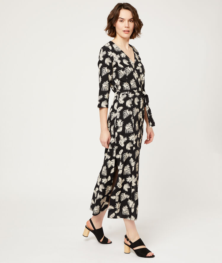 Robe longue imprimé feuillage noir.