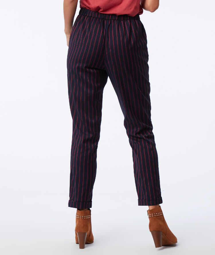 Pantalon cigarette à rayures marine.