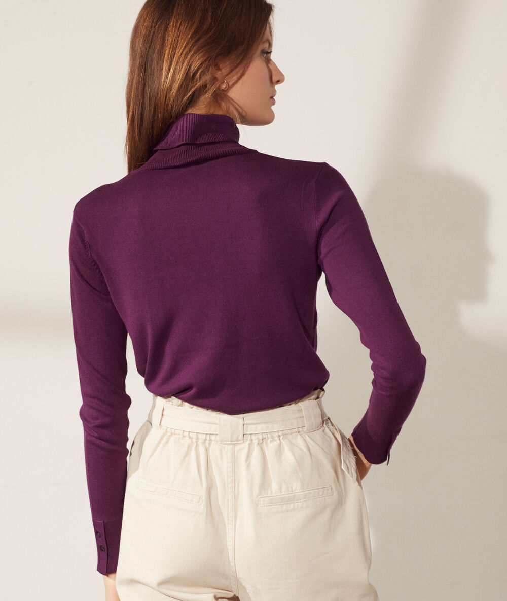 Pull fin col roulé prune.