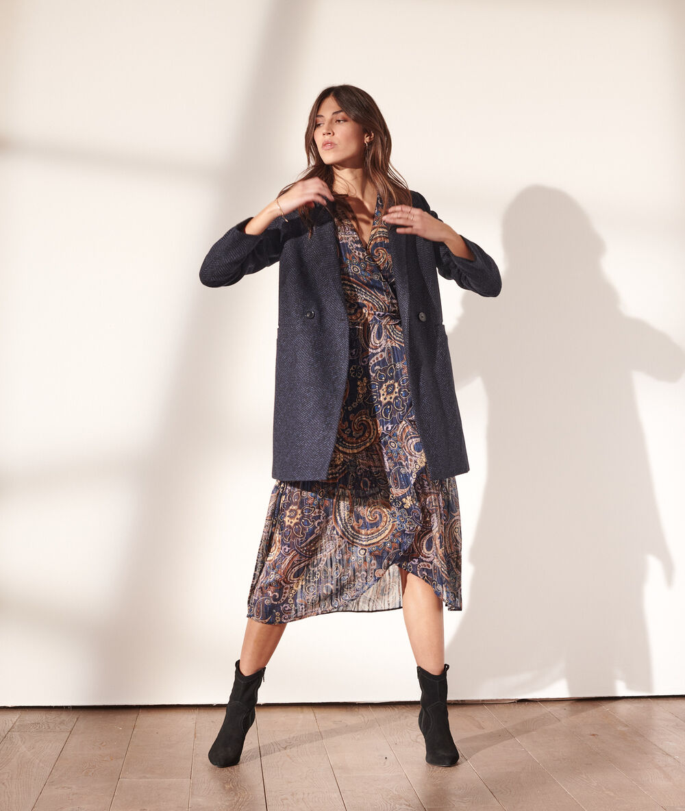 Manteau droit en laine mélangée marine.