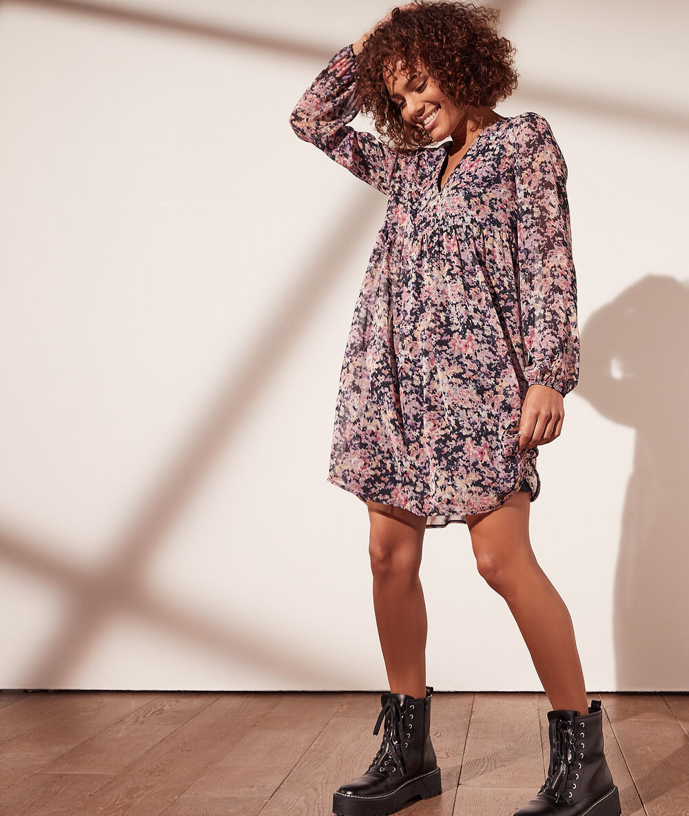 Robe fluide imprimé fleuri 2 en 1 - brassière intégrée marine.