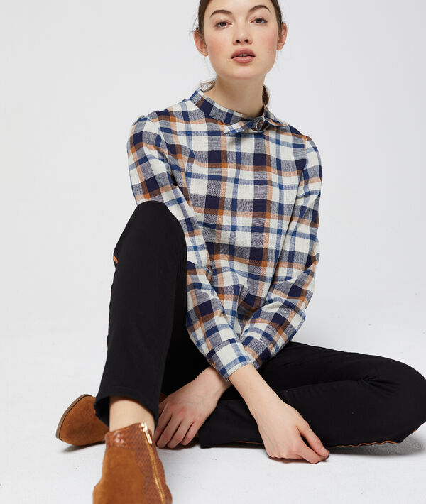 Blouse col noué à carreaux 100% coton marine.