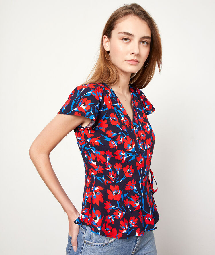Blouse cache-coeur imprimé fleuri marine.