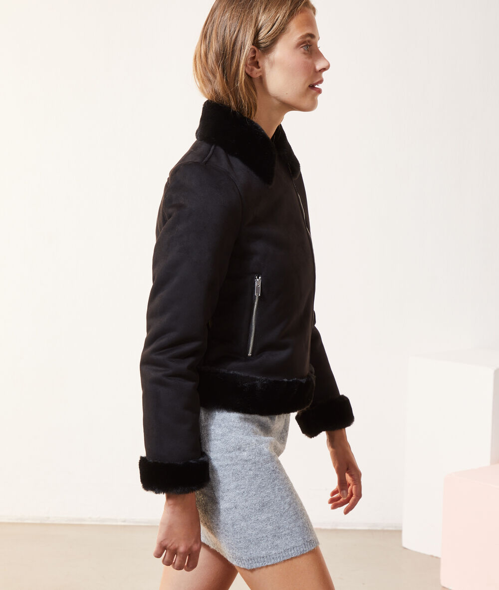 Veste de biker effet daim et fausse fourrure noir.