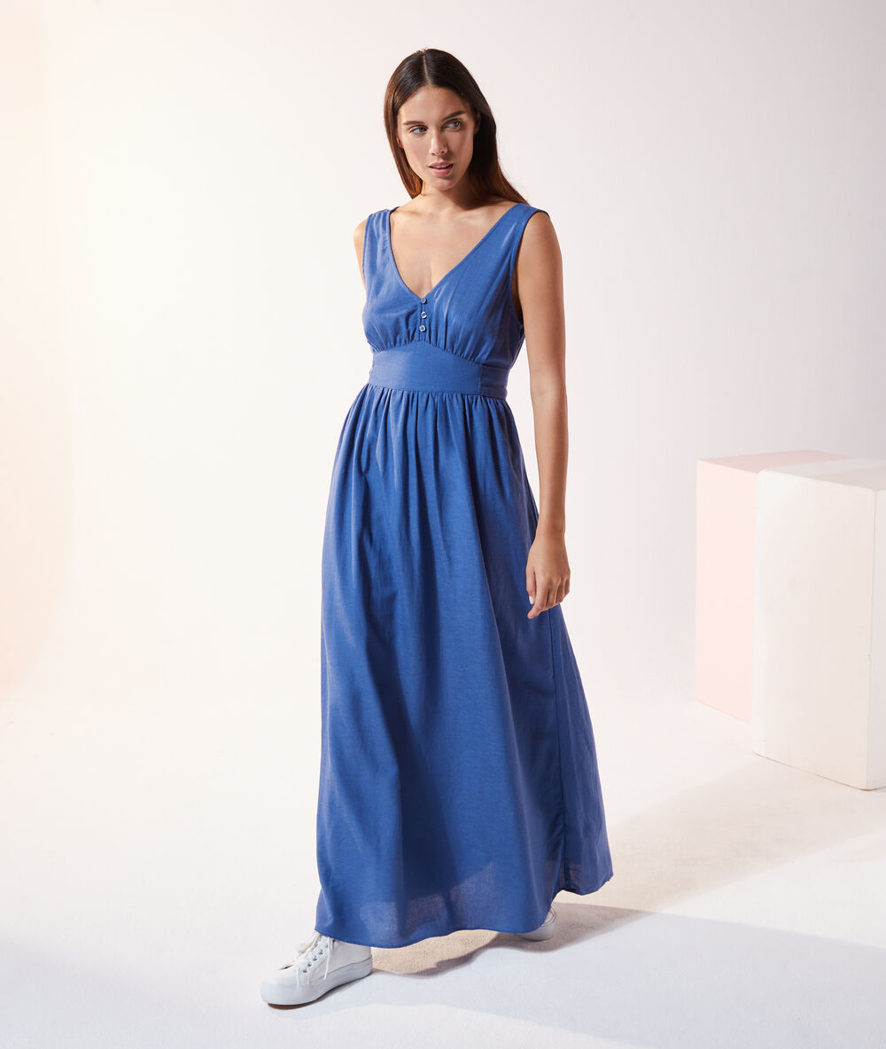 Robe longue dos cache-coeur bleu.