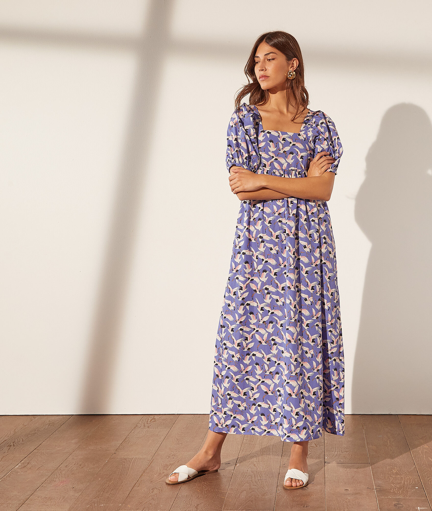 Robe longue imprimée manches ballon - Betty - 34 - Bleu Clair - Femme - Etam