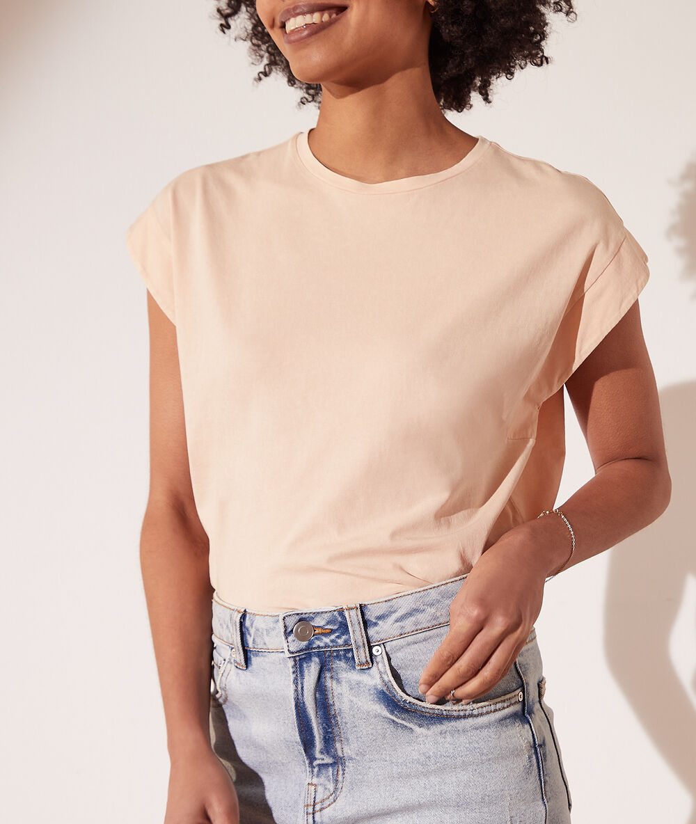 T-shirt col rond peche.