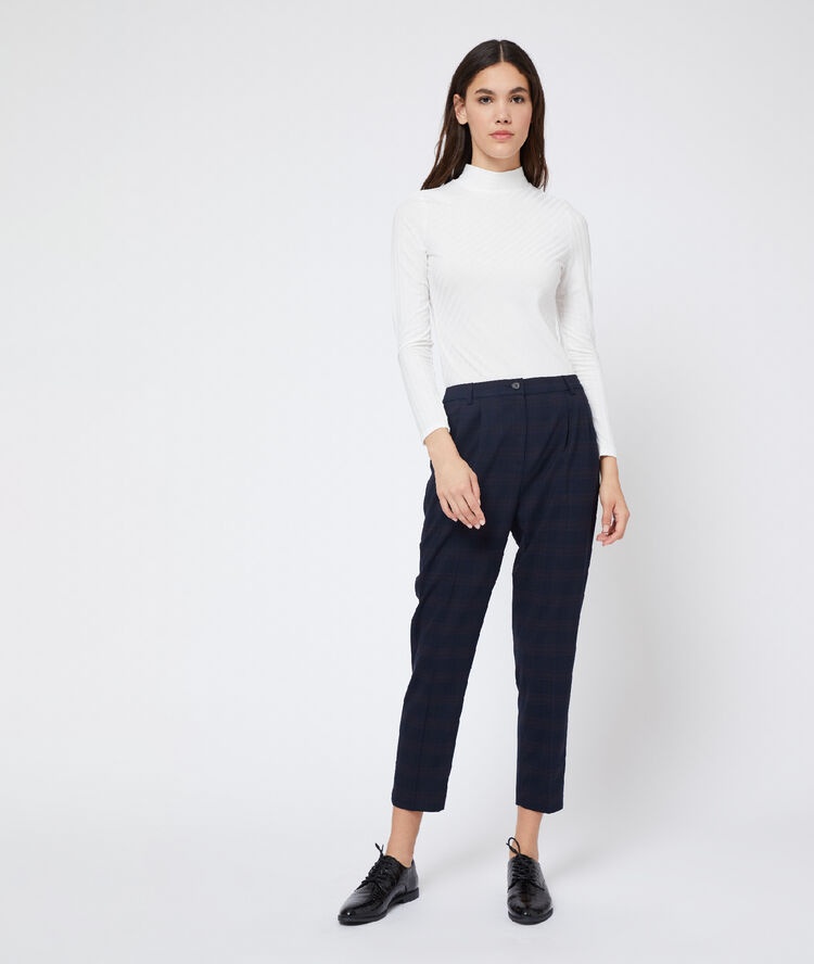 Pantalon droit à carreaux marine.