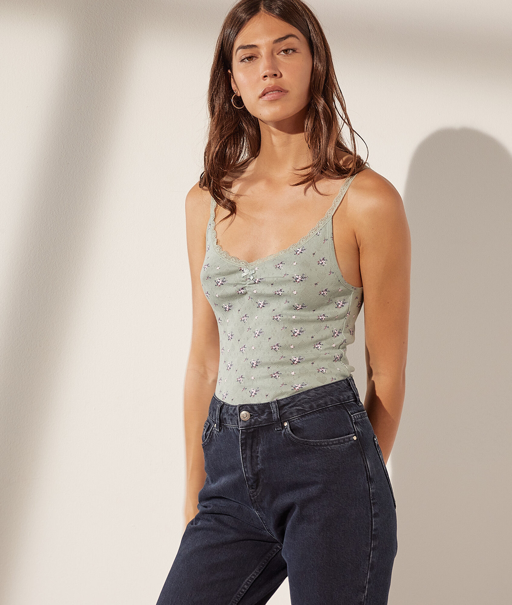 Débardeur pointelle en coton bio - Pola - XS - Vert - Femme - Etam