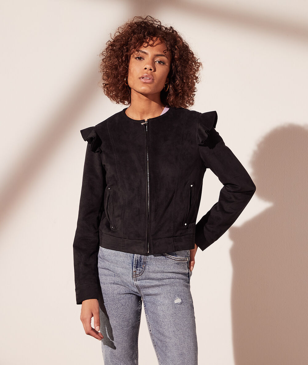 Veste effet daim manches à volants noir.