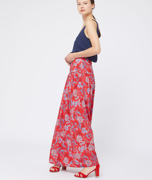 Jupe taille haute à fleurs rouge.