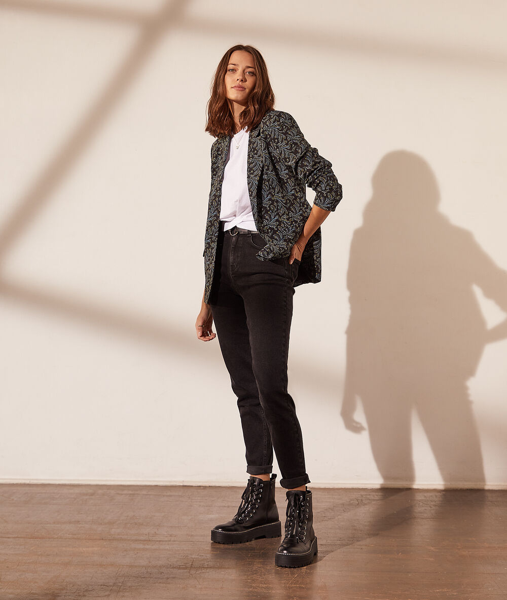 Veste de tailleur imprimé fleuri noir.