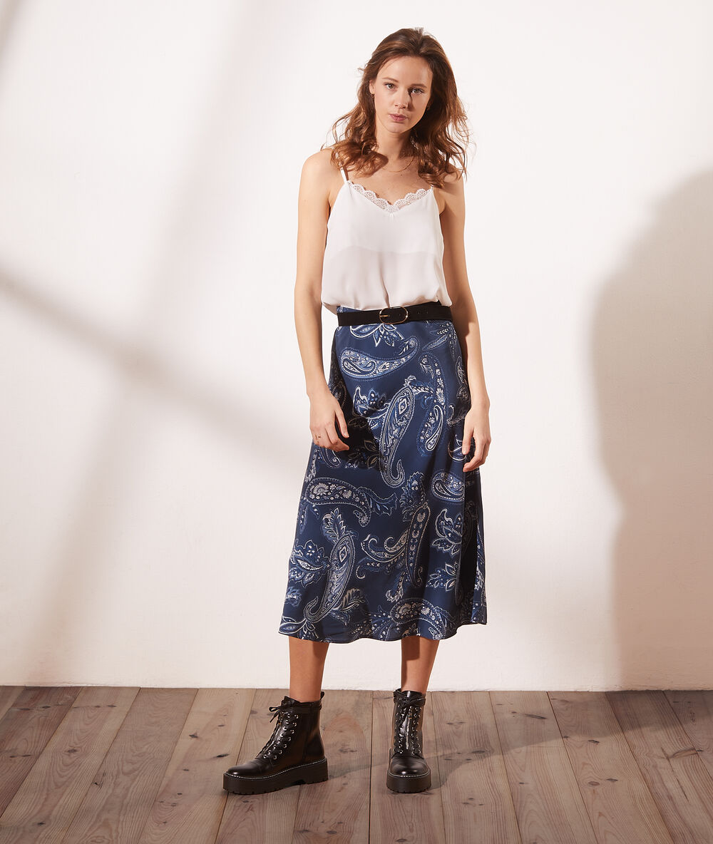 Jupe longue imprimé bandana bleu marine.