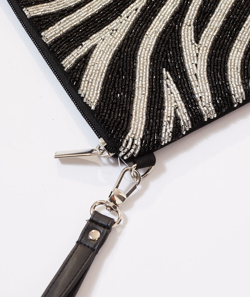 Sac pochette à perles zèbre noir.