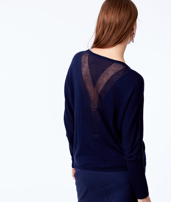 Pull décolleté et dos ajourés marine.