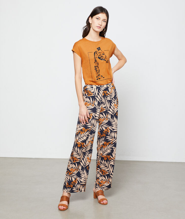 Pantalon large à imprimé feuillage marine.