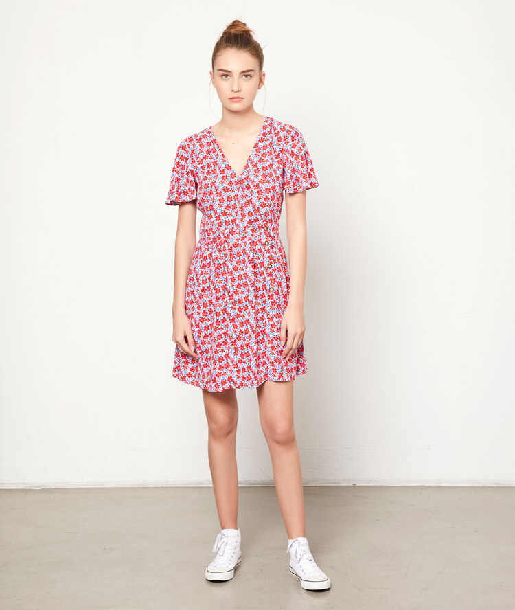 Robe imprimé fleuri à boutons geranium.