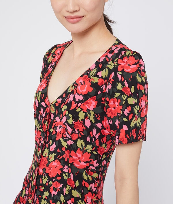 Robe évasée à imprimé fleuri noir.