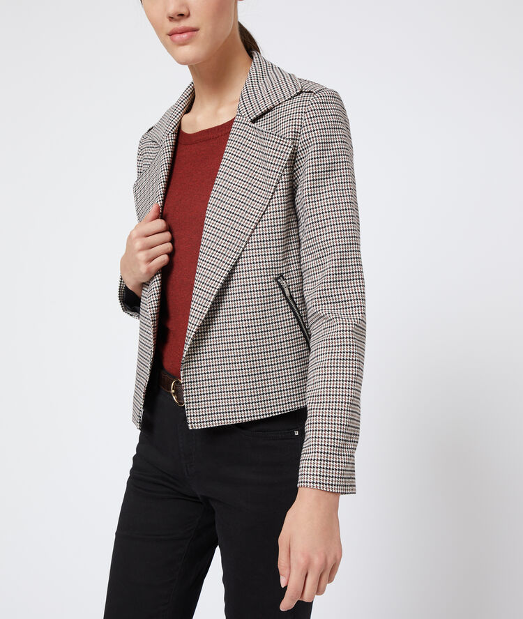 Veste de biker à motifs pied de poule noir.